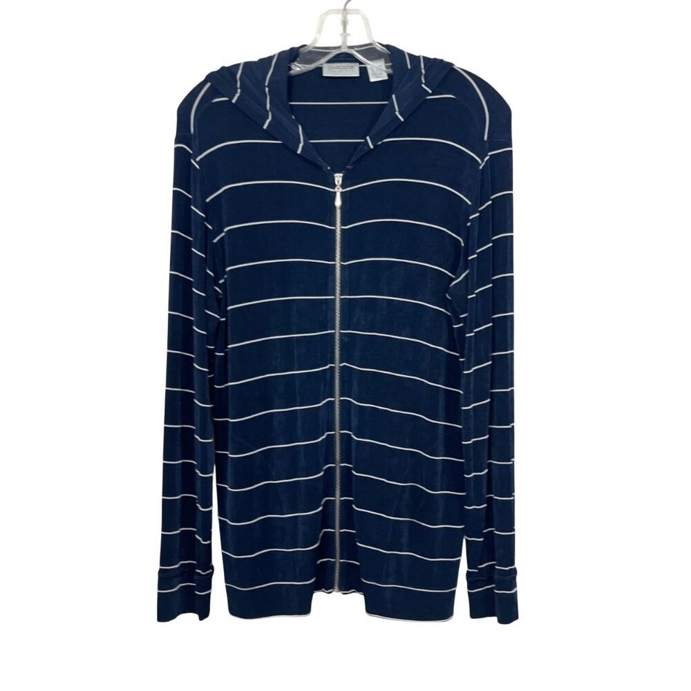 Chico's Travelers Navy Blue & White Striped Full Zip Jacket Hoodie Size 1, Small